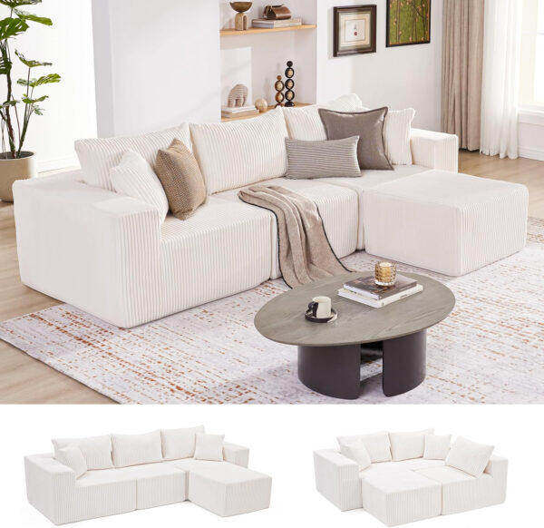 135.4" Cloud Couch Sectional, Modular Sofa with Deep Seat, Plush Corduroy U Shaped Boneless Couch, Convertible Sectional Couches for Living Room, 6Seat, Black