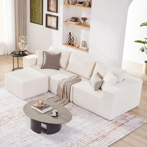 135.4" Cloud Couch Sectional, Modular Sofa with Deep Seat, Plush Corduroy U Shaped Boneless Couch, Convertible Sectional Couches for Living Room, 6Seat, Black