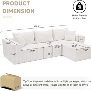 135.4" Cloud Couch Sectional, Modular Sofa with Deep Seat, Plush Corduroy U Shaped Boneless Couch, Convertible Sectional Couches for Living Room, 6Seat, Black