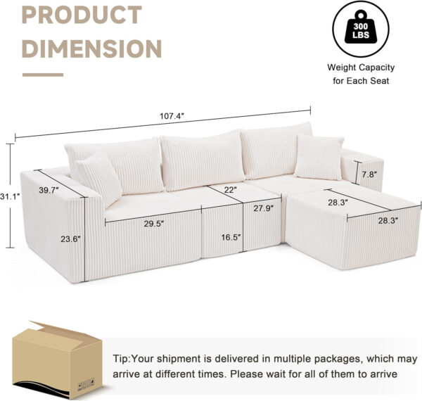 135.4" Cloud Couch Sectional, Modular Sofa with Deep Seat, Plush Corduroy U Shaped Boneless Couch, Convertible Sectional Couches for Living Room, 6Seat, Black