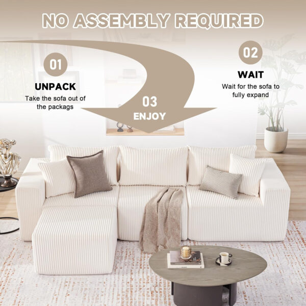 135.4" Cloud Couch Sectional, Modular Sofa with Deep Seat, Plush Corduroy U Shaped Boneless Couch, Convertible Sectional Couches for Living Room, 6Seat, Black