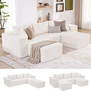 135.4" Cloud Couch Sectional, Modular Sofa with Deep Seat, Plush Corduroy U Shaped Boneless Couch, Convertible Sectional Couches for Living Room, 6Seat, Black