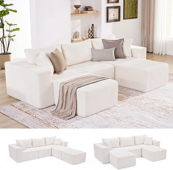 135.4" Cloud Couch Sectional, Modular Sofa with Deep Seat, Plush Corduroy U Shaped Boneless Couch, Convertible Sectional Couches for Living Room, 6Seat, Black