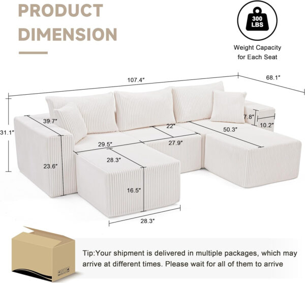 135.4" Cloud Couch Sectional, Modular Sofa with Deep Seat, Plush Corduroy U Shaped Boneless Couch, Convertible Sectional Couches for Living Room, 6Seat, Black