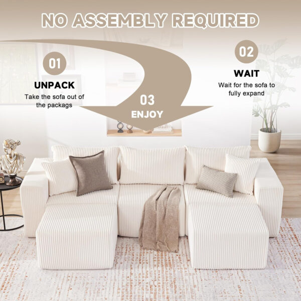 135.4" Cloud Couch Sectional, Modular Sofa with Deep Seat, Plush Corduroy U Shaped Boneless Couch, Convertible Sectional Couches for Living Room, 6Seat, Black