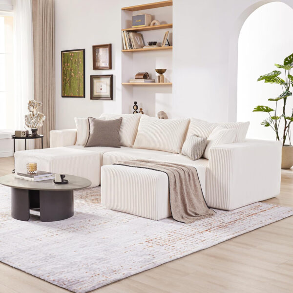 135.4" Cloud Couch Sectional, Modular Sofa with Deep Seat, Plush Corduroy U Shaped Boneless Couch, Convertible Sectional Couches for Living Room, 6Seat, Black