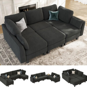 Sectional Sleeper Sofa, 6 Seaters Dark Grey Modular Sleeper Sofa Couch, Comfy Sectionals Couches Bed, Convertible Sofas with Ottomans, Modular Sectional Couches for Living Room