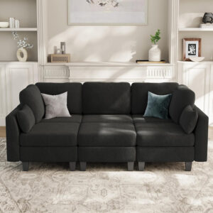 Sectional Sleeper Sofa, 6 Seaters Dark Grey Modular Sleeper Sofa Couch, Comfy Sectionals Couches Bed, Convertible Sofas with Ottomans, Modular Sectional Couches for Living Room