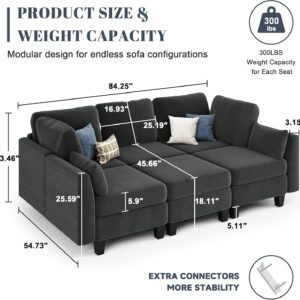 Sectional Sleeper Sofa, 6 Seaters Dark Grey Modular Sleeper Sofa Couch, Comfy Sectionals Couches Bed, Convertible Sofas with Ottomans, Modular Sectional Couches for Living Room