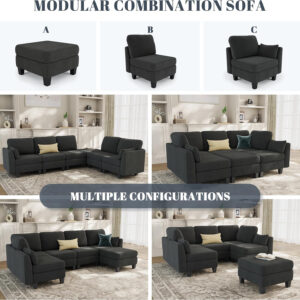 Sectional Sleeper Sofa, 6 Seaters Dark Grey Modular Sleeper Sofa Couch, Comfy Sectionals Couches Bed, Convertible Sofas with Ottomans, Modular Sectional Couches for Living Room