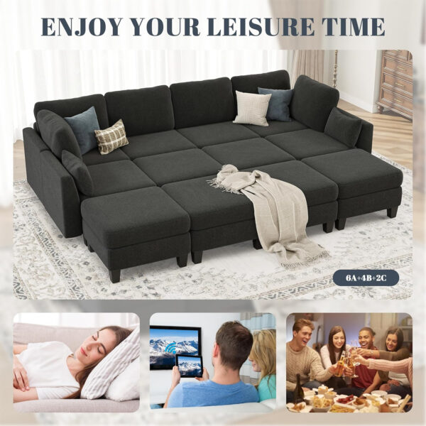 Sectional Sleeper Sofa, 6 Seaters Dark Grey Modular Sleeper Sofa Couch, Comfy Sectionals Couches Bed, Convertible Sofas with Ottomans, Modular Sectional Couches for Living Room