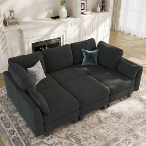 Sectional Sleeper Sofa, 6 Seaters Dark Grey Modular Sleeper Sofa Couch, Comfy Sectionals Couches Bed, Convertible Sofas with Ottomans, Modular Sectional Couches for Living Room