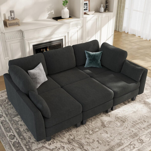 Sectional Sleeper Sofa, 6 Seaters Dark Grey Modular Sleeper Sofa Couch, Comfy Sectionals Couches Bed, Convertible Sofas with Ottomans, Modular Sectional Couches for Living Room