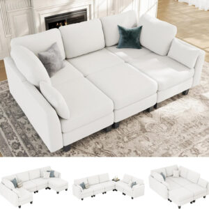 Sectional Sleeper Sofa, 6 Seaters Dark Grey Modular Sleeper Sofa Couch, Comfy Sectionals Couches Bed, Convertible Sofas with Ottomans, Modular Sectional Couches for Living Room