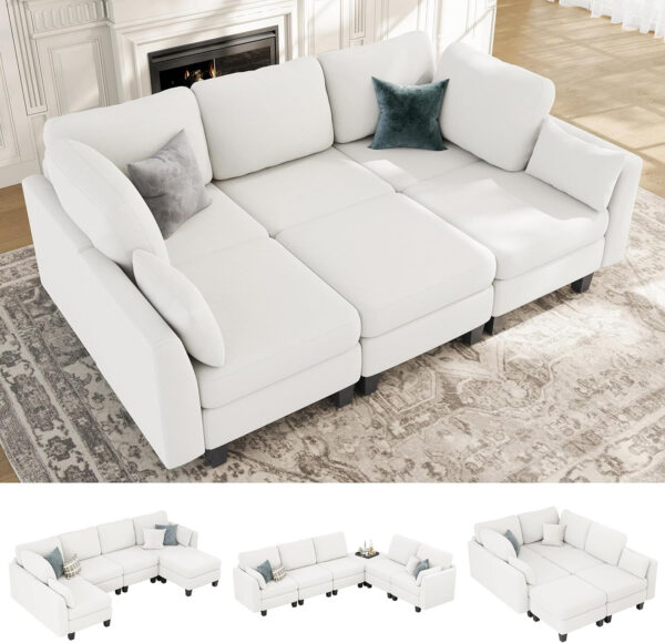 Sectional Sleeper Sofa, 6 Seaters Dark Grey Modular Sleeper Sofa Couch, Comfy Sectionals Couches Bed, Convertible Sofas with Ottomans, Modular Sectional Couches for Living Room