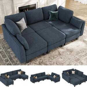 Sectional Sleeper Sofa, 6 Seaters Dark Grey Modular Sleeper Sofa Couch, Comfy Sectionals Couches Bed, Convertible Sofas with Ottomans, Modular Sectional Couches for Living Room