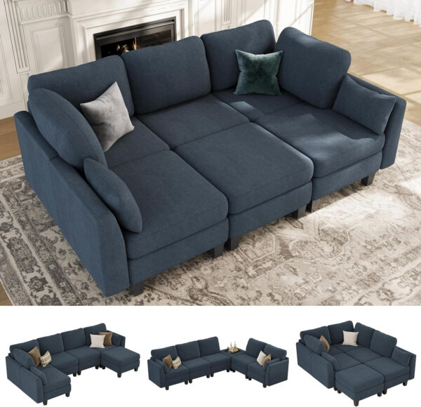 Sectional Sleeper Sofa, 6 Seaters Dark Grey Modular Sleeper Sofa Couch, Comfy Sectionals Couches Bed, Convertible Sofas with Ottomans, Modular Sectional Couches for Living Room