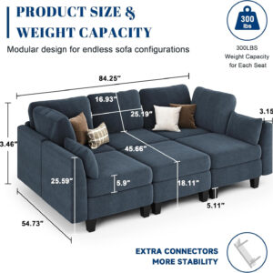 Sectional Sleeper Sofa, 6 Seaters Dark Grey Modular Sleeper Sofa Couch, Comfy Sectionals Couches Bed, Convertible Sofas with Ottomans, Modular Sectional Couches for Living Room