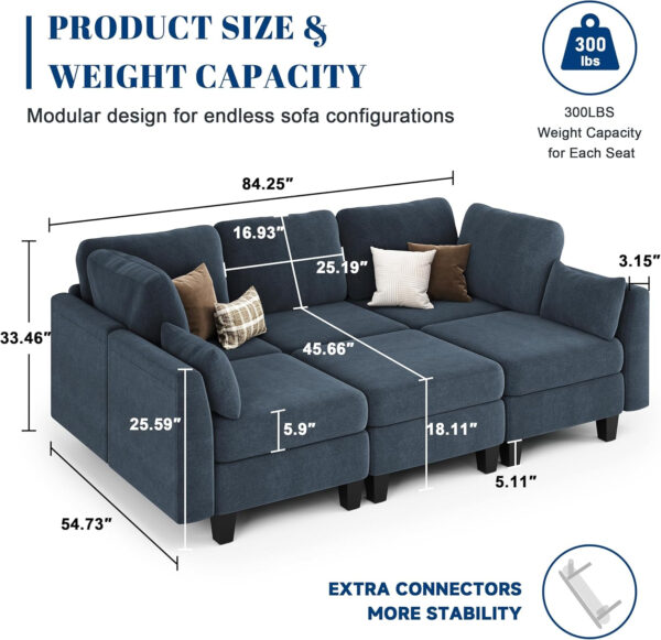 Sectional Sleeper Sofa, 6 Seaters Dark Grey Modular Sleeper Sofa Couch, Comfy Sectionals Couches Bed, Convertible Sofas with Ottomans, Modular Sectional Couches for Living Room