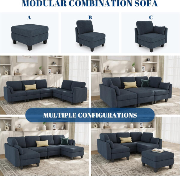Sectional Sleeper Sofa, 6 Seaters Dark Grey Modular Sleeper Sofa Couch, Comfy Sectionals Couches Bed, Convertible Sofas with Ottomans, Modular Sectional Couches for Living Room