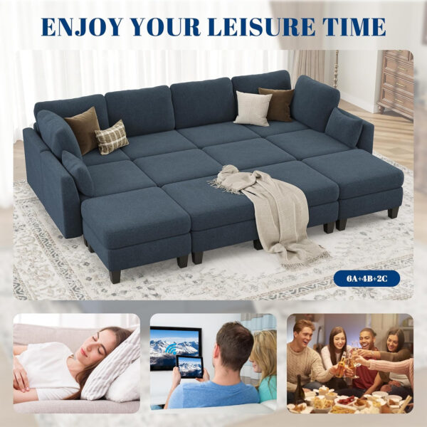 Sectional Sleeper Sofa, 6 Seaters Dark Grey Modular Sleeper Sofa Couch, Comfy Sectionals Couches Bed, Convertible Sofas with Ottomans, Modular Sectional Couches for Living Room
