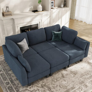 Sectional Sleeper Sofa, 6 Seaters Dark Grey Modular Sleeper Sofa Couch, Comfy Sectionals Couches Bed, Convertible Sofas with Ottomans, Modular Sectional Couches for Living Room