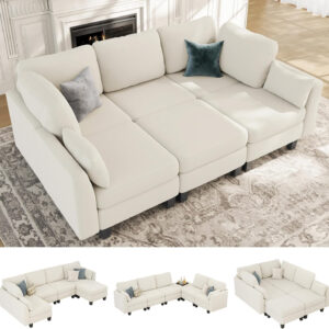 Sectional Sleeper Sofa, 6 Seaters Dark Grey Modular Sleeper Sofa Couch, Comfy Sectionals Couches Bed, Convertible Sofas with Ottomans, Modular Sectional Couches for Living Room