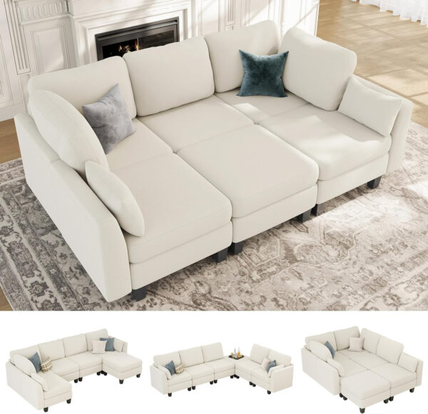 Sectional Sleeper Sofa, 6 Seaters Dark Grey Modular Sleeper Sofa Couch, Comfy Sectionals Couches Bed, Convertible Sofas with Ottomans, Modular Sectional Couches for Living Room