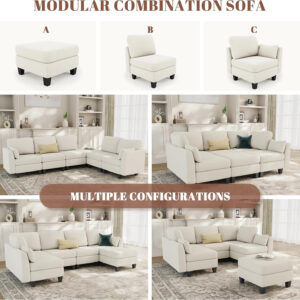 Sectional Sleeper Sofa, 6 Seaters Dark Grey Modular Sleeper Sofa Couch, Comfy Sectionals Couches Bed, Convertible Sofas with Ottomans, Modular Sectional Couches for Living Room