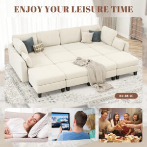 Sectional Sleeper Sofa, 6 Seaters Dark Grey Modular Sleeper Sofa Couch, Comfy Sectionals Couches Bed, Convertible Sofas with Ottomans, Modular Sectional Couches for Living Room