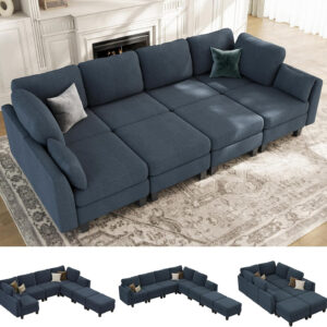 Sectional Sleeper Sofa, 6 Seaters Dark Grey Modular Sleeper Sofa Couch, Comfy Sectionals Couches Bed, Convertible Sofas with Ottomans, Modular Sectional Couches for Living Room