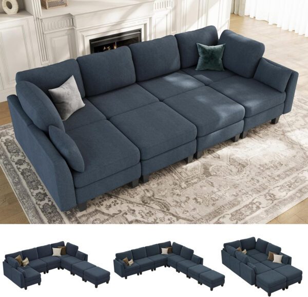 Sectional Sleeper Sofa, 6 Seaters Dark Grey Modular Sleeper Sofa Couch, Comfy Sectionals Couches Bed, Convertible Sofas with Ottomans, Modular Sectional Couches for Living Room