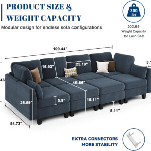 Sectional Sleeper Sofa, 6 Seaters Dark Grey Modular Sleeper Sofa Couch, Comfy Sectionals Couches Bed, Convertible Sofas with Ottomans, Modular Sectional Couches for Living Room