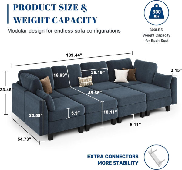 Sectional Sleeper Sofa, 6 Seaters Dark Grey Modular Sleeper Sofa Couch, Comfy Sectionals Couches Bed, Convertible Sofas with Ottomans, Modular Sectional Couches for Living Room