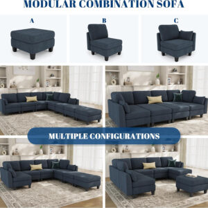 Sectional Sleeper Sofa, 6 Seaters Dark Grey Modular Sleeper Sofa Couch, Comfy Sectionals Couches Bed, Convertible Sofas with Ottomans, Modular Sectional Couches for Living Room