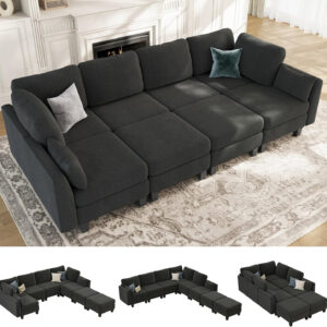Sectional Sleeper Sofa, 6 Seaters Dark Grey Modular Sleeper Sofa Couch, Comfy Sectionals Couches Bed, Convertible Sofas with Ottomans, Modular Sectional Couches for Living Room