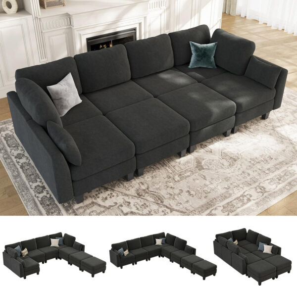 Sectional Sleeper Sofa, 6 Seaters Dark Grey Modular Sleeper Sofa Couch, Comfy Sectionals Couches Bed, Convertible Sofas with Ottomans, Modular Sectional Couches for Living Room