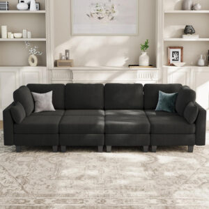 Sectional Sleeper Sofa, 6 Seaters Dark Grey Modular Sleeper Sofa Couch, Comfy Sectionals Couches Bed, Convertible Sofas with Ottomans, Modular Sectional Couches for Living Room