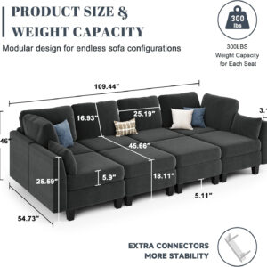 Sectional Sleeper Sofa, 6 Seaters Dark Grey Modular Sleeper Sofa Couch, Comfy Sectionals Couches Bed, Convertible Sofas with Ottomans, Modular Sectional Couches for Living Room