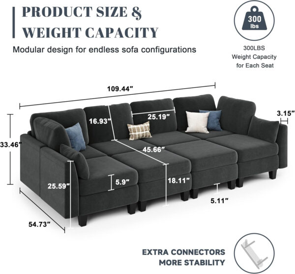 Sectional Sleeper Sofa, 6 Seaters Dark Grey Modular Sleeper Sofa Couch, Comfy Sectionals Couches Bed, Convertible Sofas with Ottomans, Modular Sectional Couches for Living Room