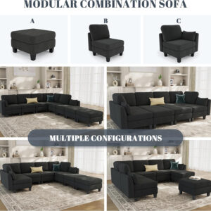 Sectional Sleeper Sofa, 6 Seaters Dark Grey Modular Sleeper Sofa Couch, Comfy Sectionals Couches Bed, Convertible Sofas with Ottomans, Modular Sectional Couches for Living Room