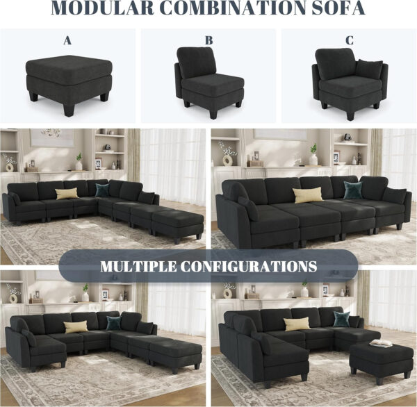 Sectional Sleeper Sofa, 6 Seaters Dark Grey Modular Sleeper Sofa Couch, Comfy Sectionals Couches Bed, Convertible Sofas with Ottomans, Modular Sectional Couches for Living Room