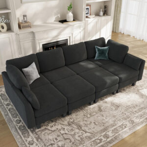 Sectional Sleeper Sofa, 6 Seaters Dark Grey Modular Sleeper Sofa Couch, Comfy Sectionals Couches Bed, Convertible Sofas with Ottomans, Modular Sectional Couches for Living Room