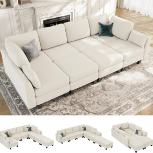 Sectional Sleeper Sofa, 6 Seaters Dark Grey Modular Sleeper Sofa Couch, Comfy Sectionals Couches Bed, Convertible Sofas with Ottomans, Modular Sectional Couches for Living Room