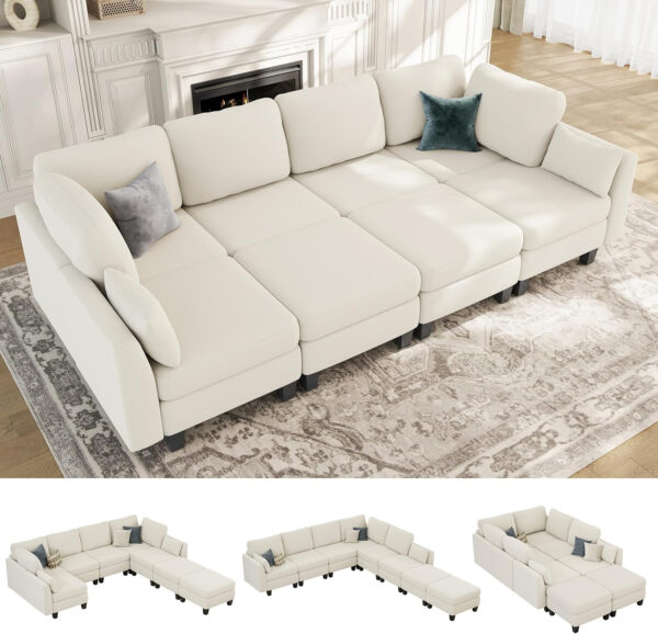 Sectional Sleeper Sofa, 6 Seaters Dark Grey Modular Sleeper Sofa Couch, Comfy Sectionals Couches Bed, Convertible Sofas with Ottomans, Modular Sectional Couches for Living Room