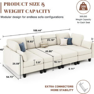 Sectional Sleeper Sofa, 6 Seaters Dark Grey Modular Sleeper Sofa Couch, Comfy Sectionals Couches Bed, Convertible Sofas with Ottomans, Modular Sectional Couches for Living Room