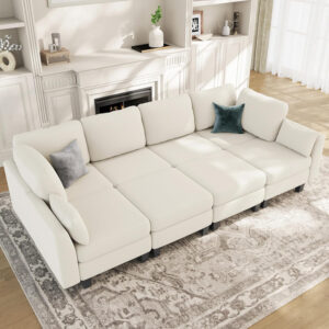 Sectional Sleeper Sofa, 6 Seaters Dark Grey Modular Sleeper Sofa Couch, Comfy Sectionals Couches Bed, Convertible Sofas with Ottomans, Modular Sectional Couches for Living Room