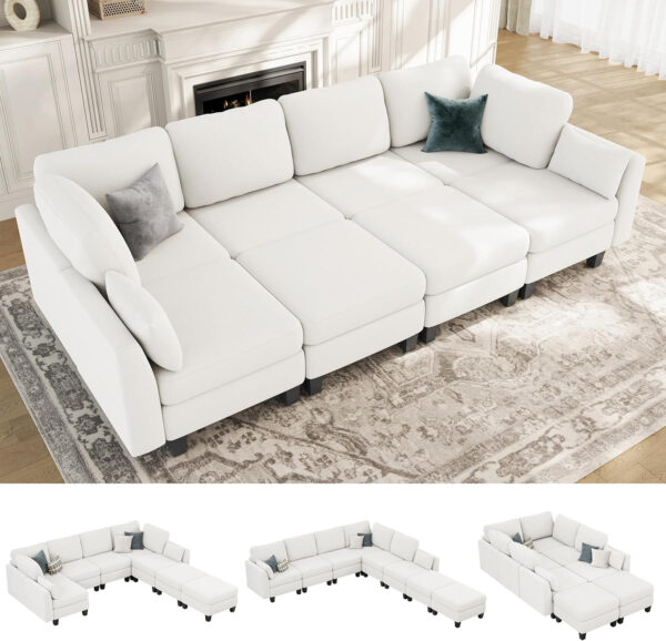 Sectional Sleeper Sofa, 6 Seaters Dark Grey Modular Sleeper Sofa Couch, Comfy Sectionals Couches Bed, Convertible Sofas with Ottomans, Modular Sectional Couches for Living Room