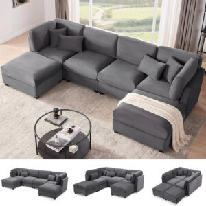 125 Inch Oversized Corduroy Modular Sectional Sofa, U Shaped Modular Couch with Storage, 6 Seat Convertible Corduroy Couch, Comfy Sectional Couches for Living Room with Memory Foam, Grey
