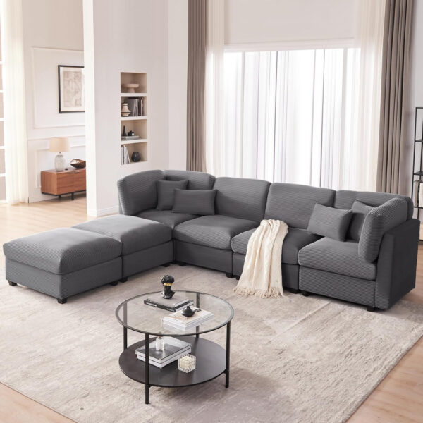 125 Inch Oversized Corduroy Modular Sectional Sofa, U Shaped Modular Couch with Storage, 6 Seat Convertible Corduroy Couch, Comfy Sectional Couches for Living Room with Memory Foam, Grey